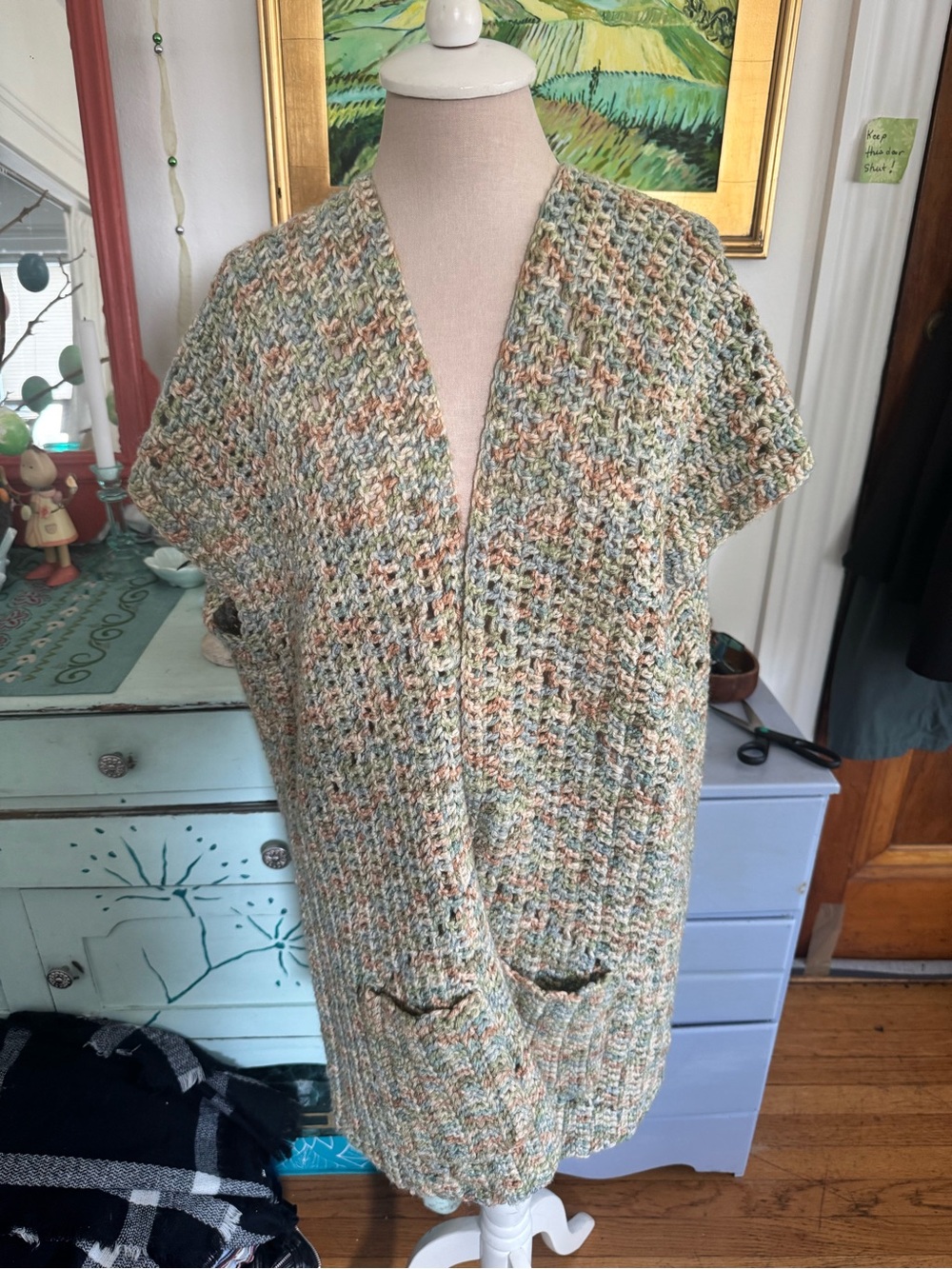 Handmade Multi-Color Knit Short-Sleeve Open Cardigan Sweater Vest XL NWOT